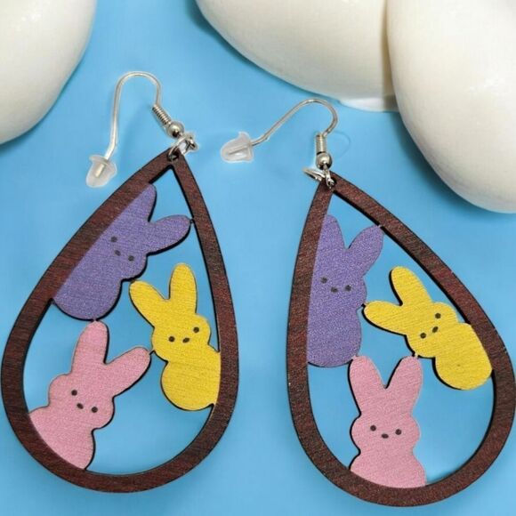 Easter Bunny Rabbit Earrings Spring Peeps Cute Wood Large 3" Dangle Jewelry NEW - Picture 4 of 6